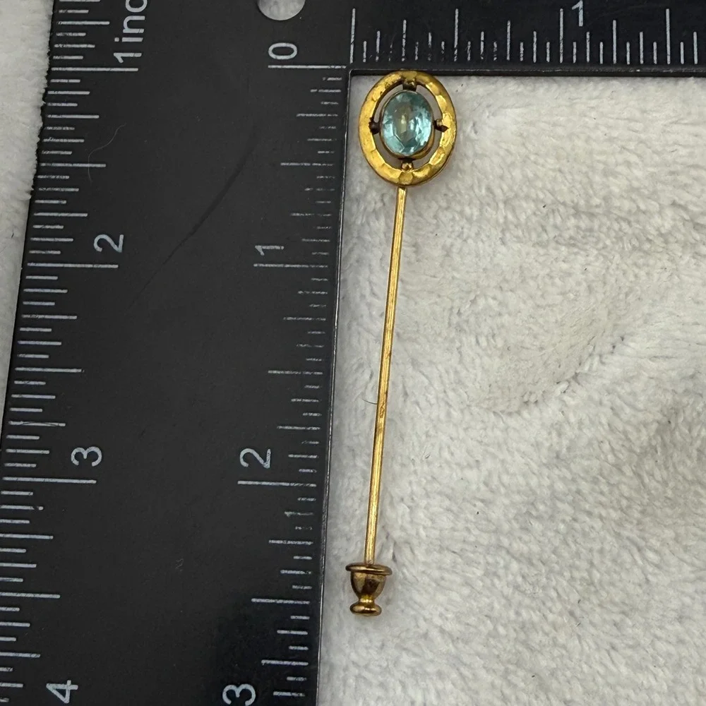 Vintage CPB Stick Pin Gold Tone Light Blue Oval Stone Hammered Circle